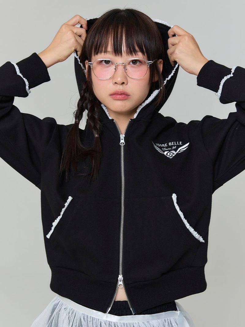 ADORE BELLE(アドールベル)の「LACE APPLIQUE HOOD ZIP-UP - BLACK(Tops)」