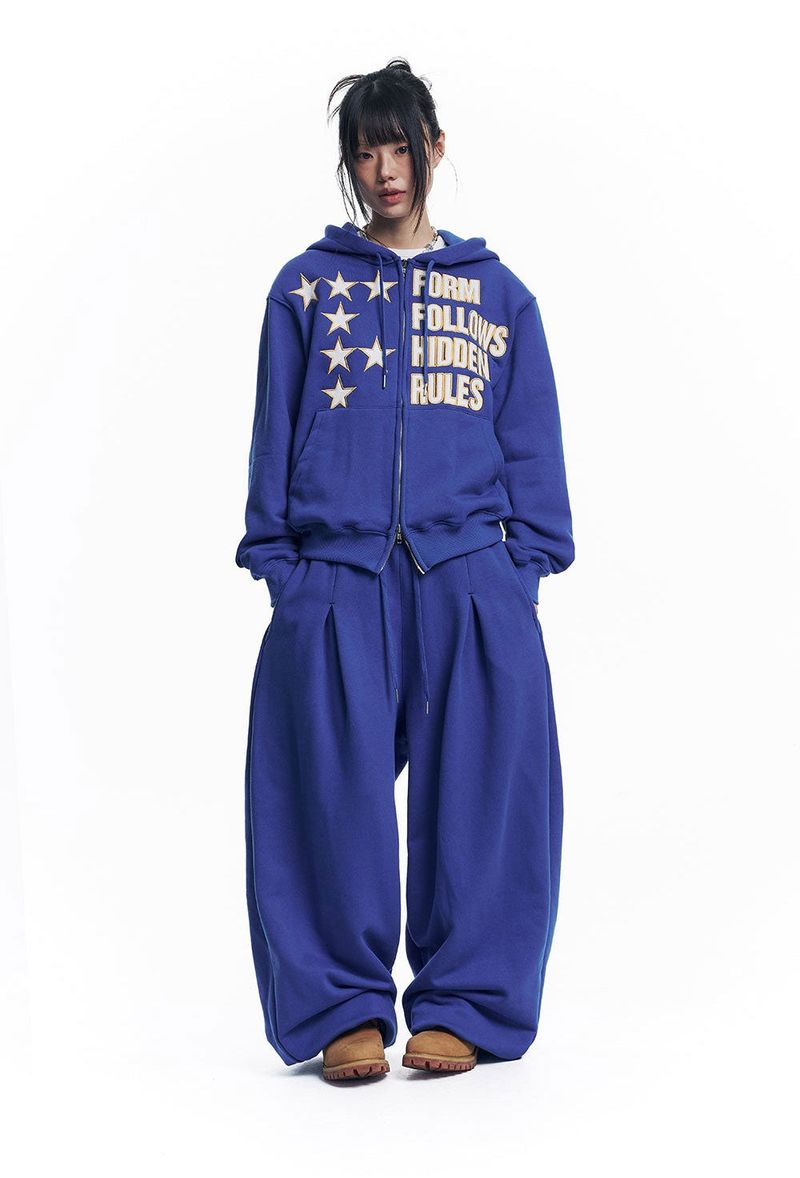 Star Lettering Patch Hoodie Zip-Up - Blue