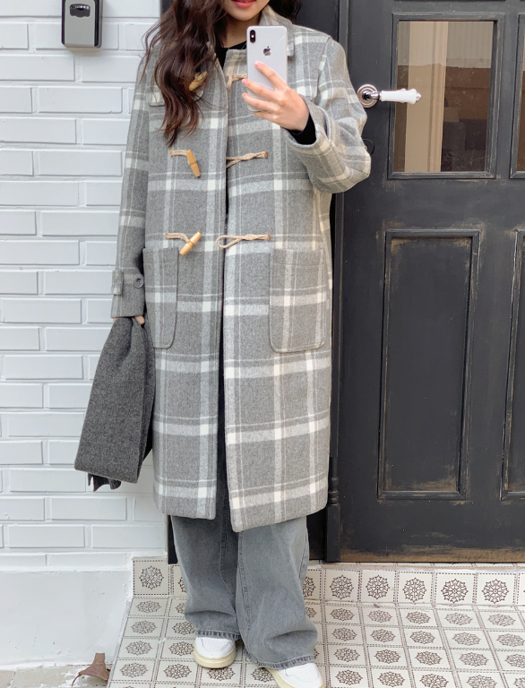 [SHOPPERMADE] Ash Gray Check Wool Long Duffle Coat
