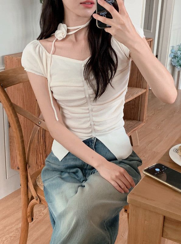 #Rose Off Shoulder Slit Short Sleeve Knit (3color)