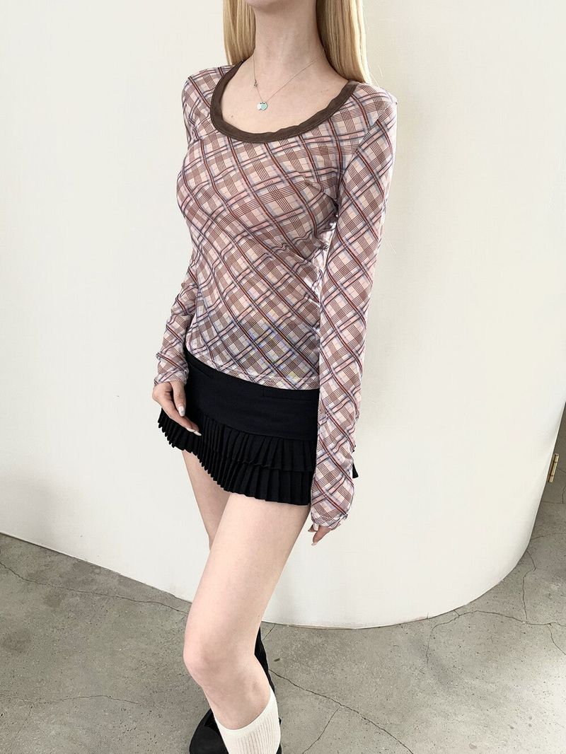 1464. Check mesh long sleeve T (2color)