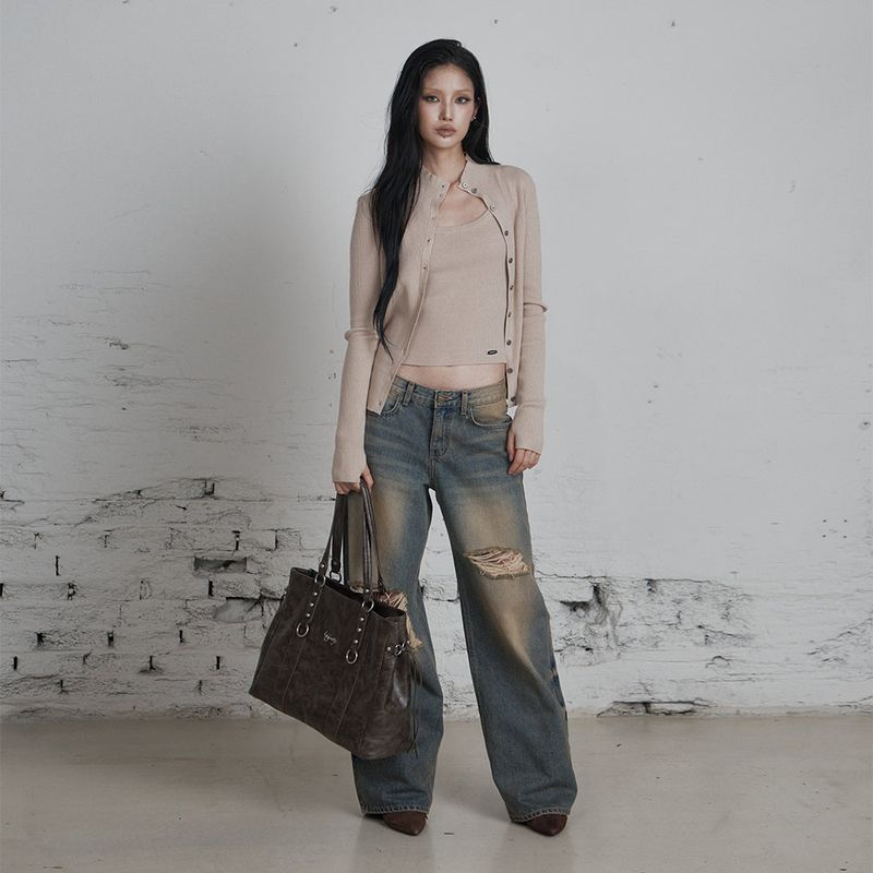 C HIGH NECK KNIT SLEEVELESS CARDIGAN SET_BEIGE