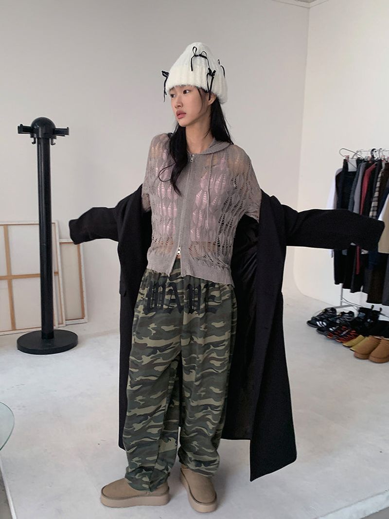 NET SEE-THROUGH KNIT HOOD ZIP-UP