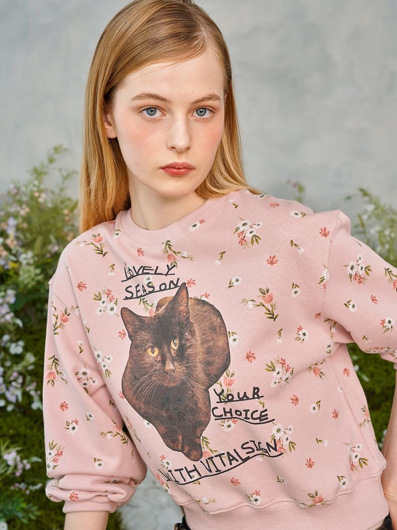 Flower Cat Lettering Sweatshirt (Pink)