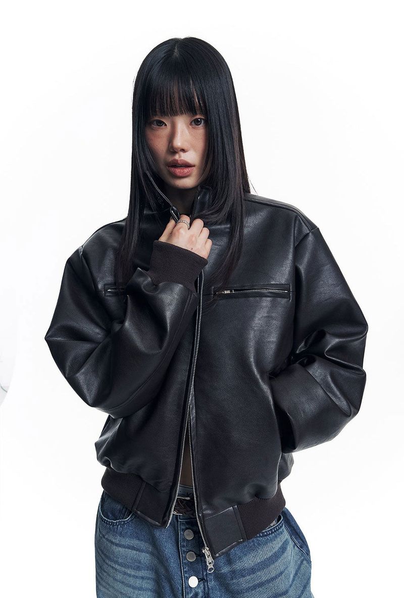 High Neck Leather Crop Jacket - Brown