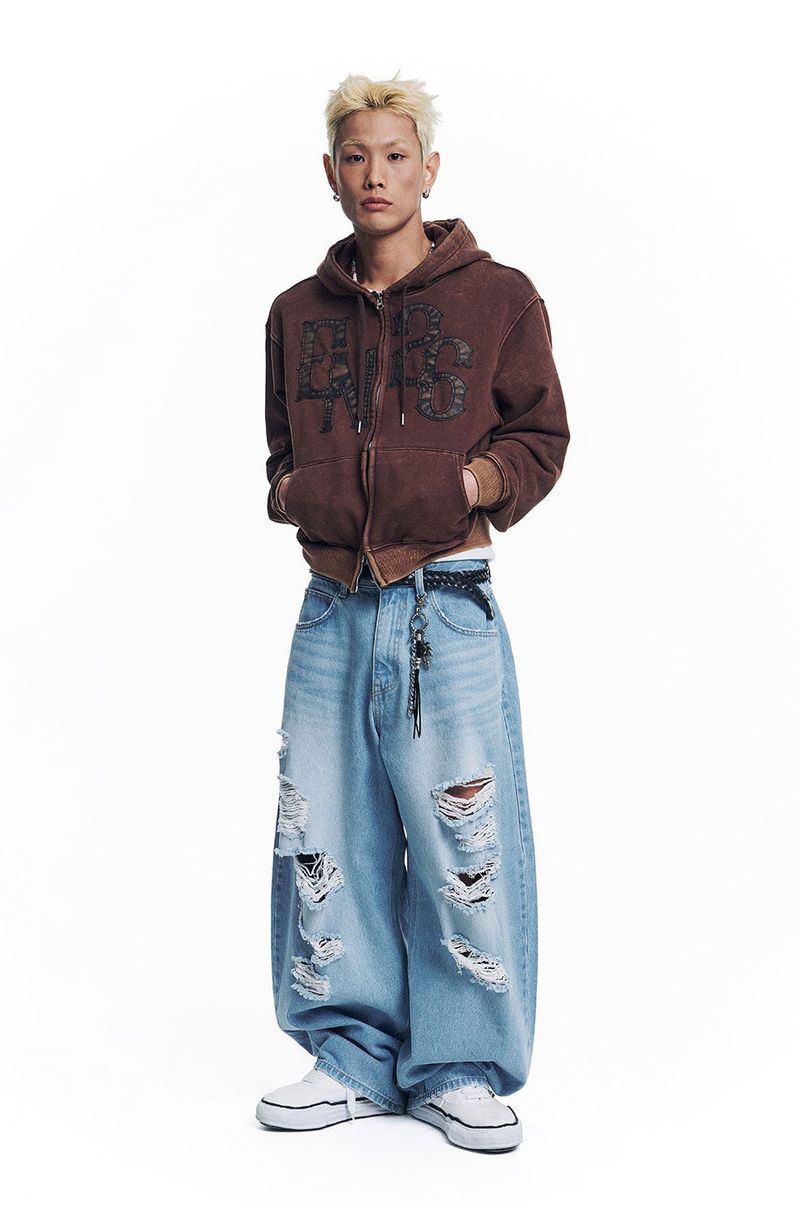 Washed Leather Patch Hooded Zip-Up - Brown