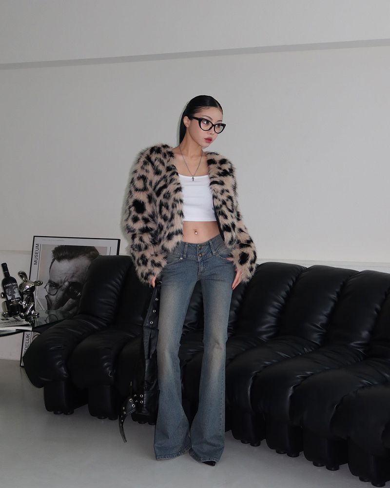leopard leopard print cropped fur jacket