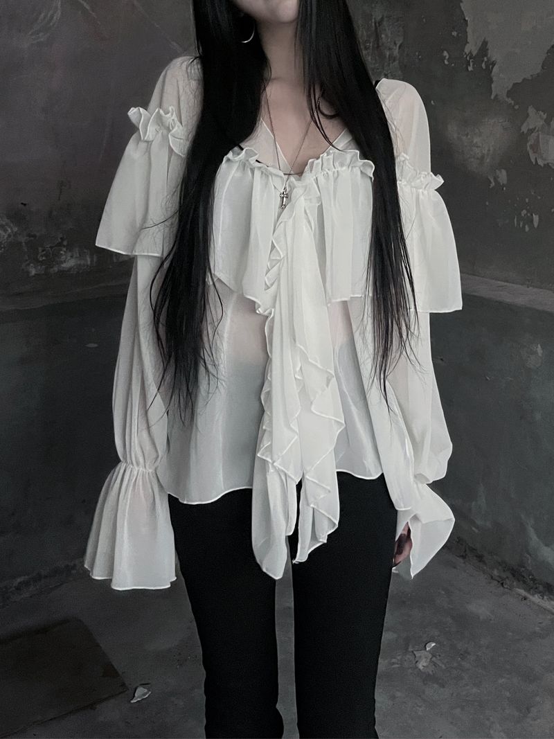 chiffon ruffle v-neck sheer blouse (2color)