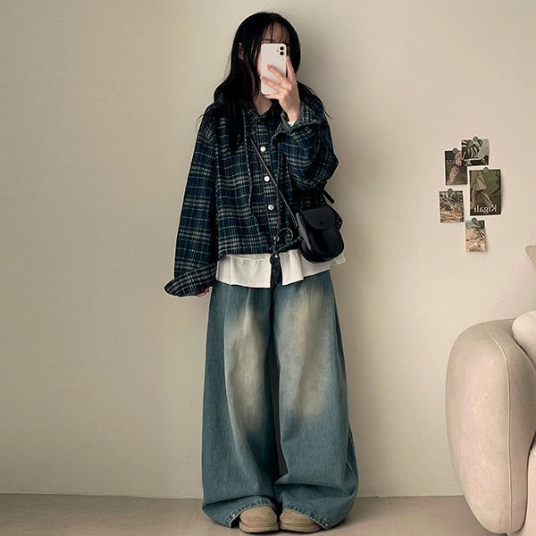 Ready strap checkered hooded denim jacket