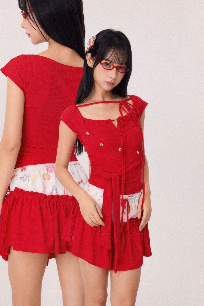 RedBean（レッドビーン）の「Dear Days Asymmetrical Knit Top (Red)（Tops）」