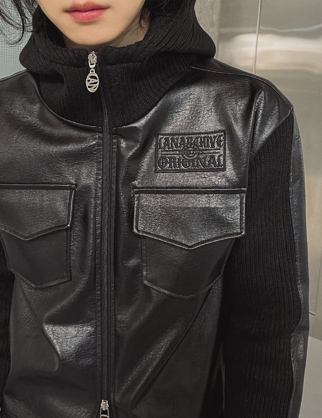[LANARCH] Noble Leather Pocket Hooded Zip-Up