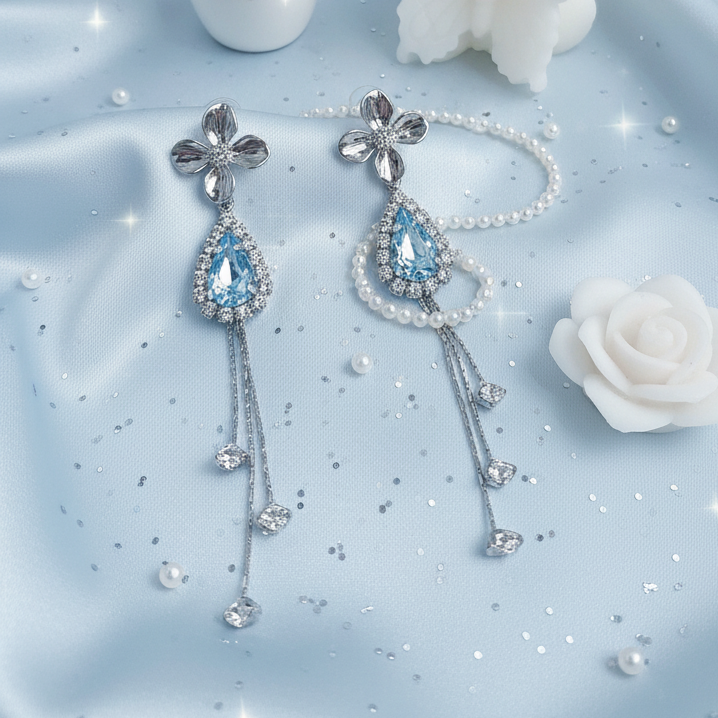 Silver Flower and Teardrops Piercing - Light Sapphire