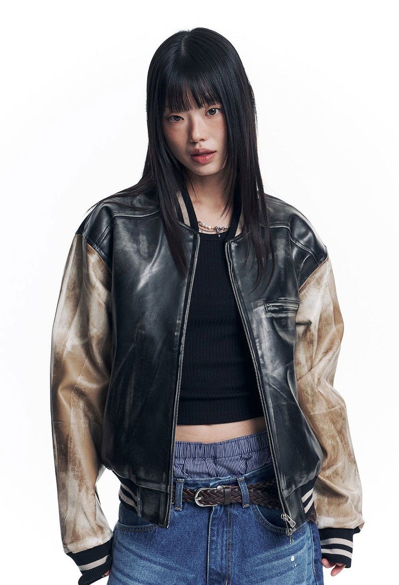 Dirty Washed Leather Varsity Jacket - Black