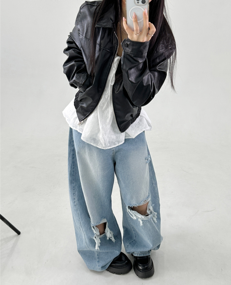 BLOUSON LEATHER JACKET 2-WAY ZIP-UP🖤