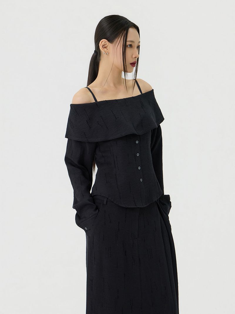 Scratch Cape Off-Shoulder Belted Shirt, Black