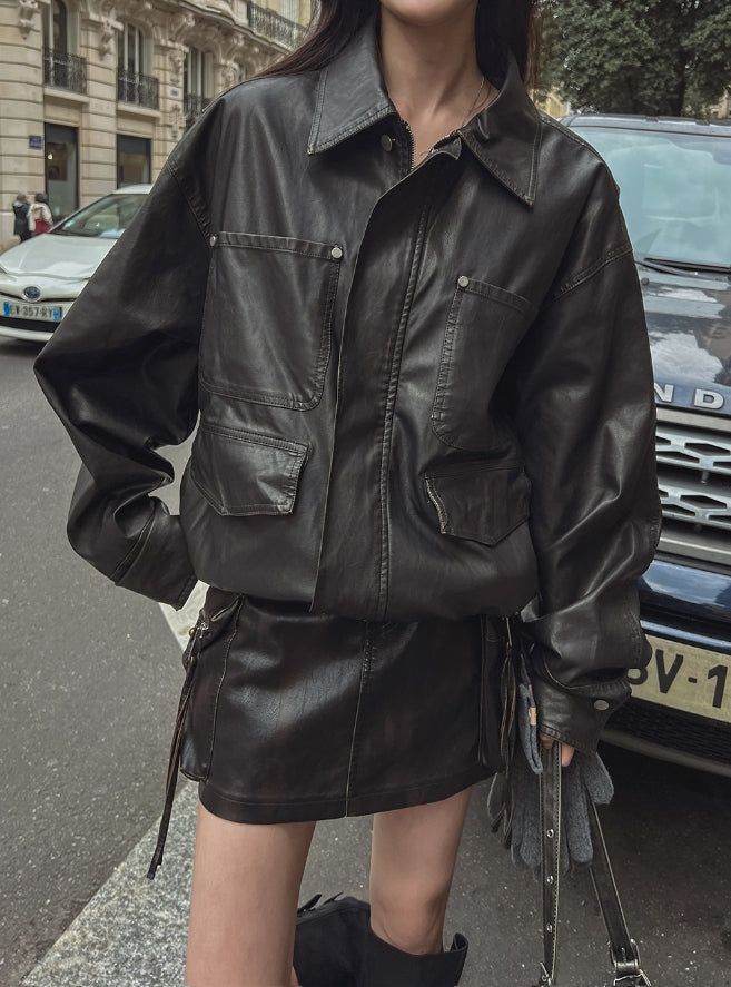 Teen vintage puffer work leather jacket