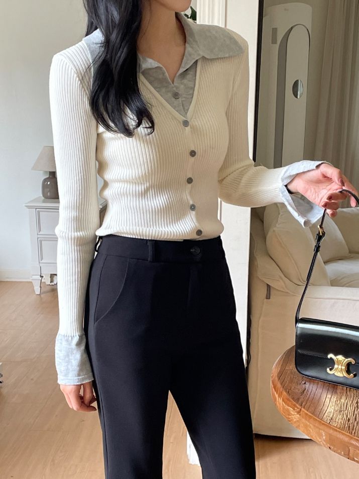Core Layered Collar Ribbed Knit Cardigan