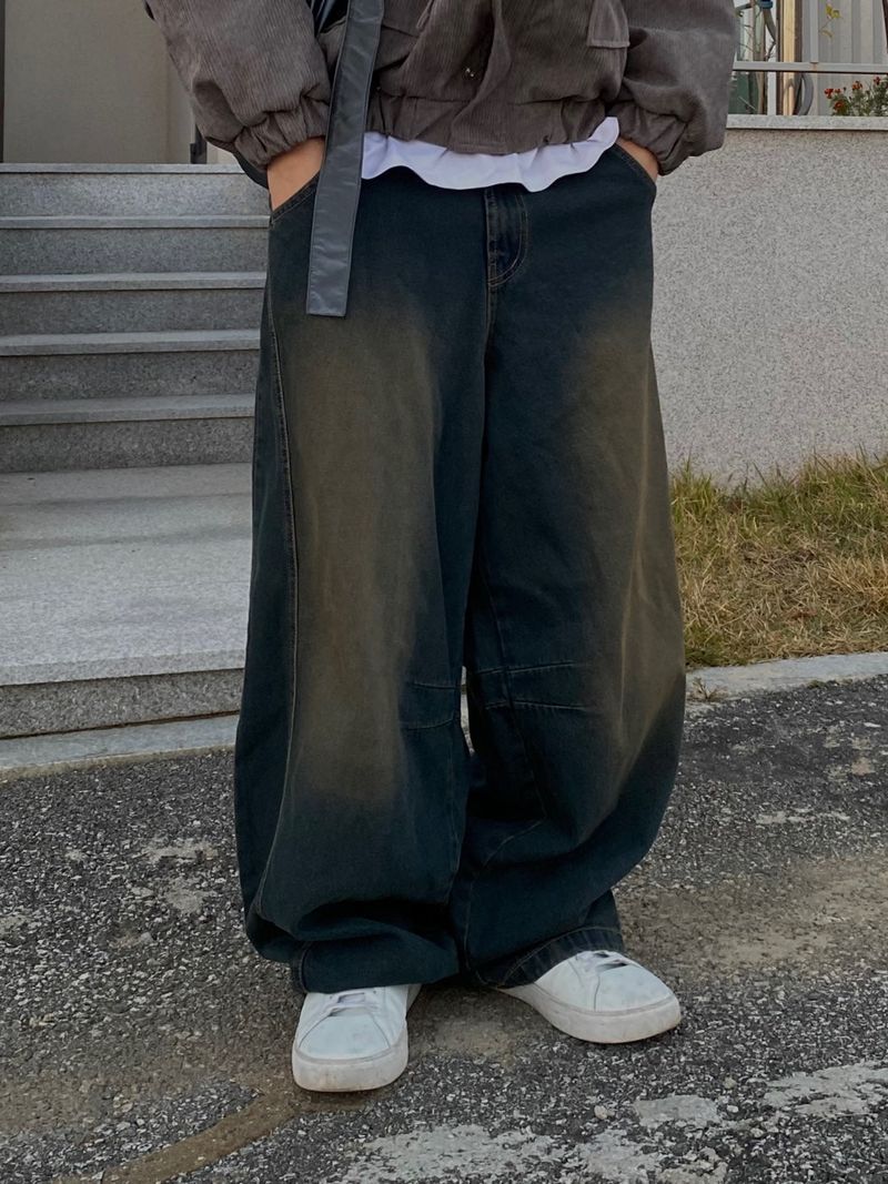 Mud Washing balloon denim pants