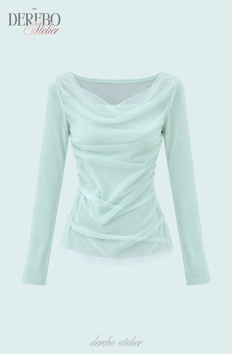Mint chiffon mesh shirring long-sleeve tee