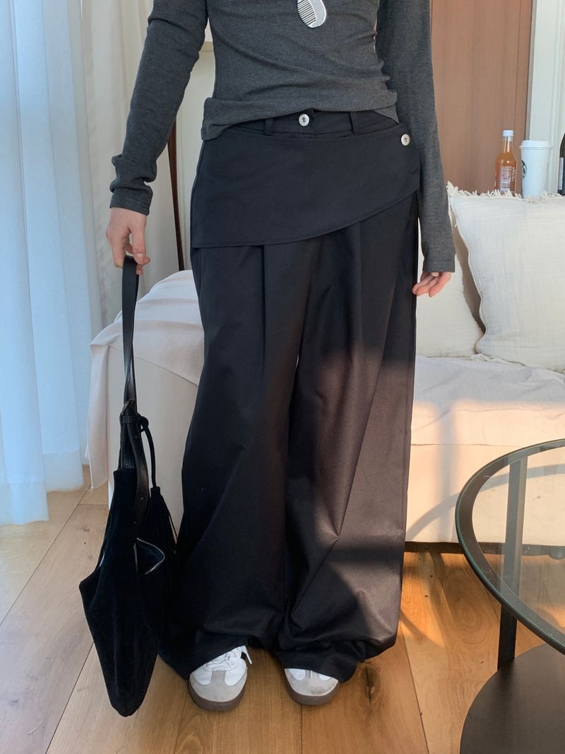 Close Pintuck Wrap Two Button High Waist Long Wide Pants