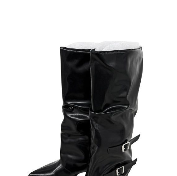 Double Buckle Shirred Stiletto Long Boots