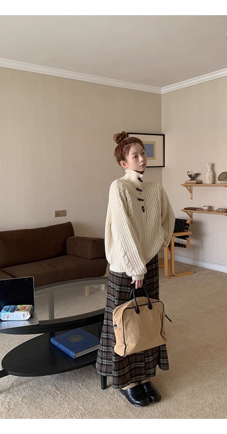high-neck button bold ribbed loose fit knitwear