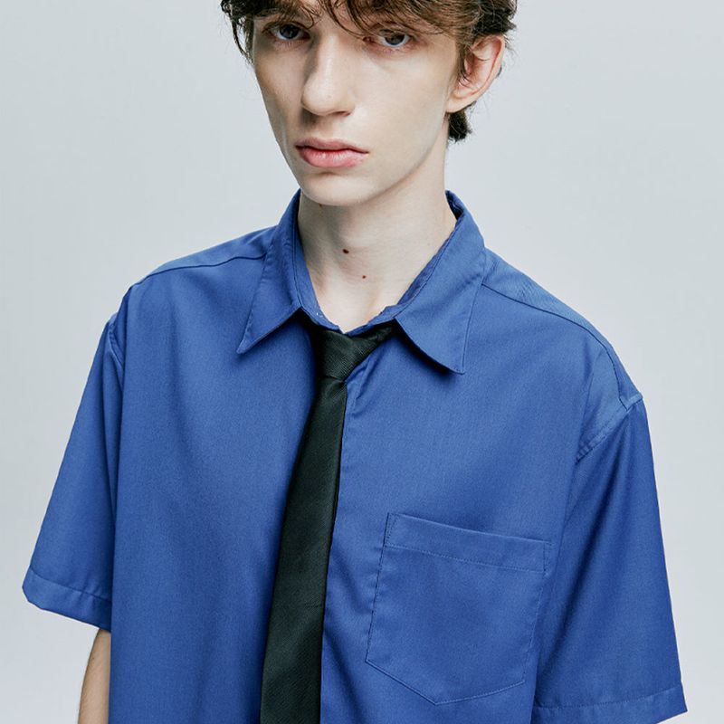 [SLIMTIE SET]fine twill tip half shirt blue