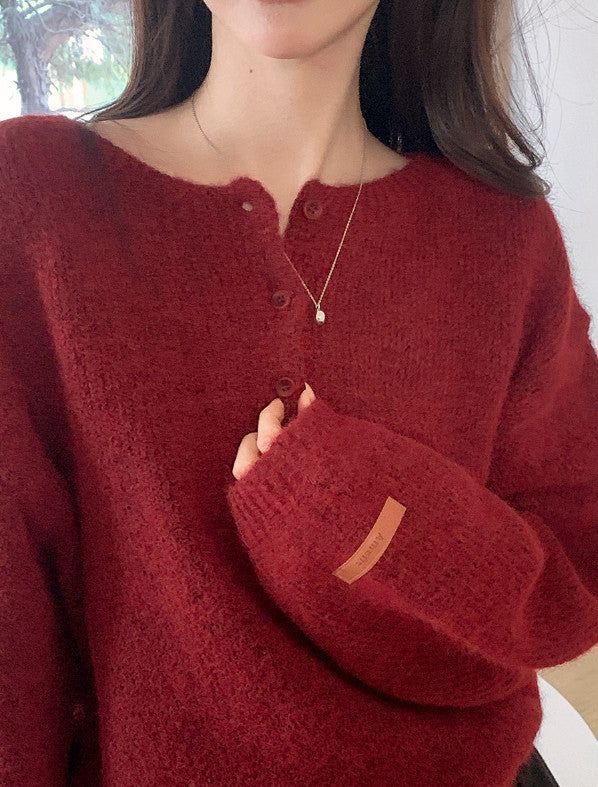 Amelie Leather Patch Henry Neck Knit (5color)