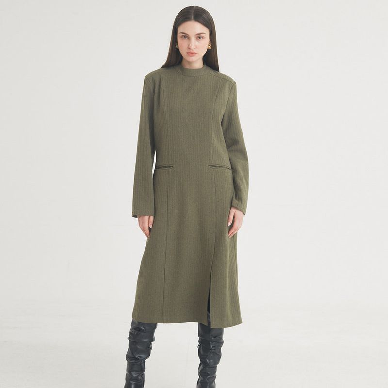 Herringbone Slit Long Dress (Khaki)
