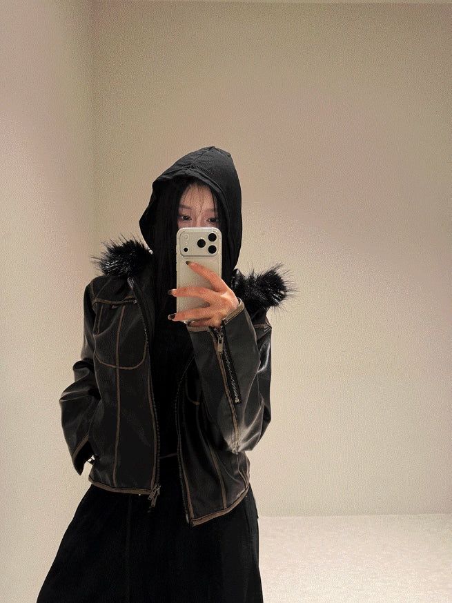 Vintage Noir Leather Zip-up