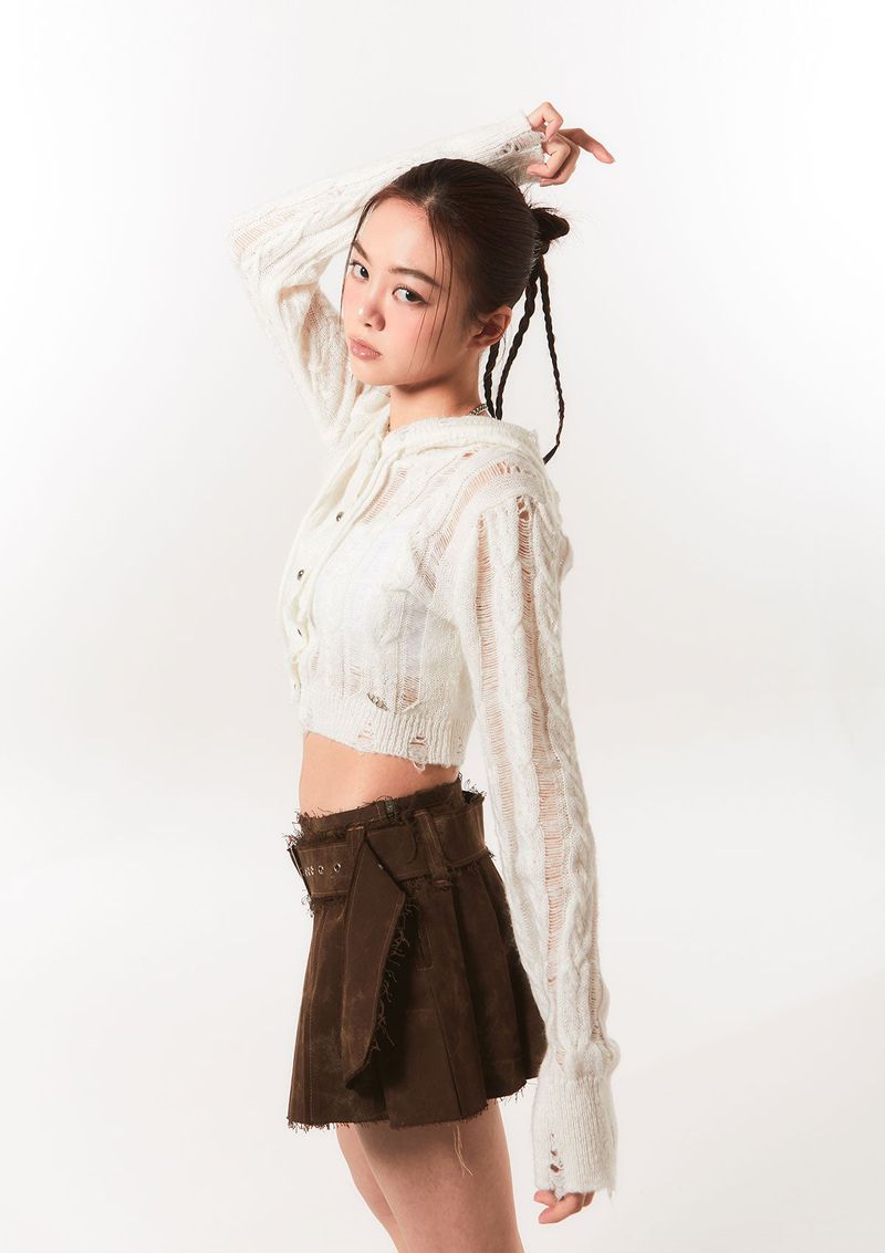 rough belted pleats sk - brown