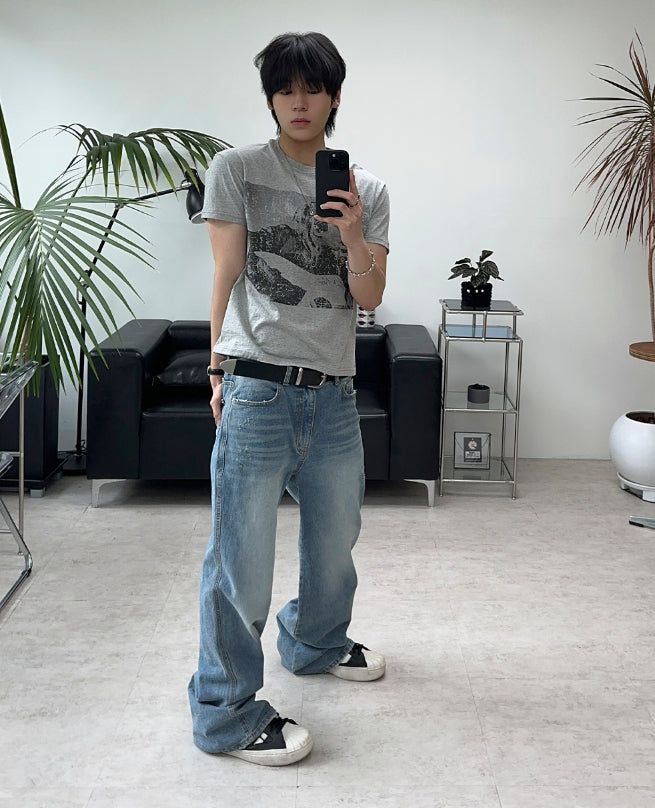 Record semi-flare denim pants