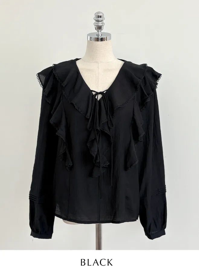 Shushu V-Neck Lace Ruffle Blouse