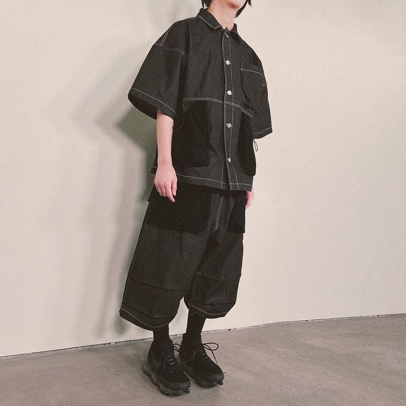 reverse terry pocket denim shortsleeve shirt_black