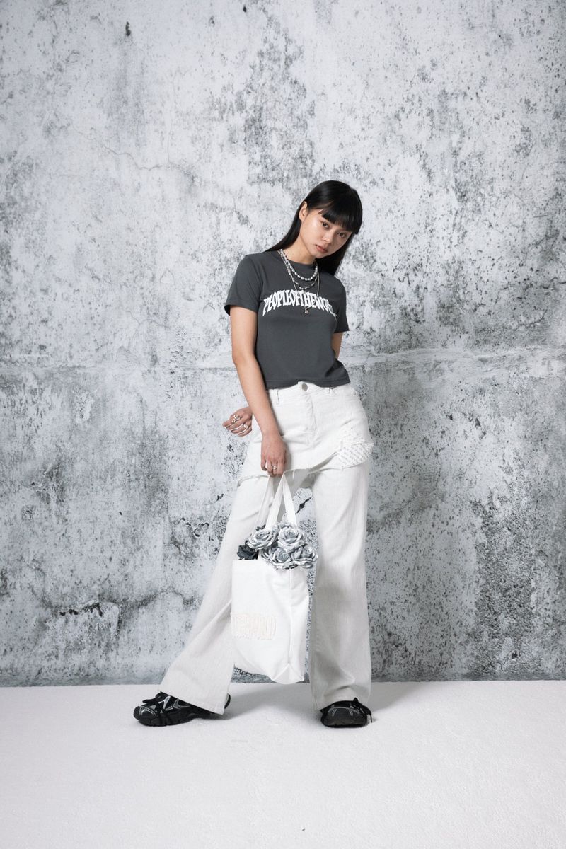 Herringbone Damage Cutting Skirt Pants (WHITE)