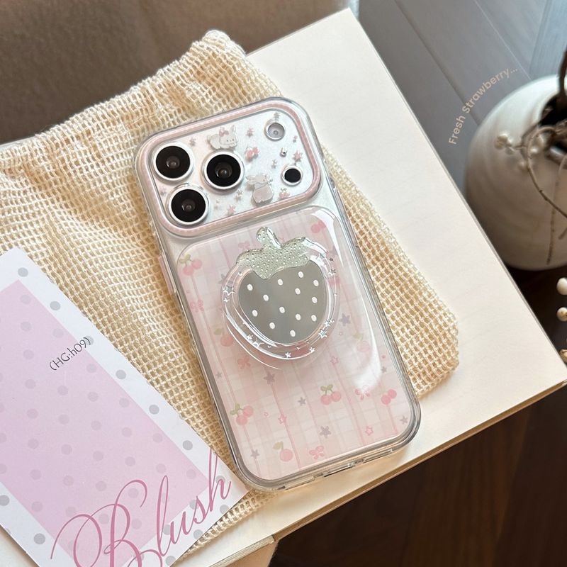 Pink Check Strawberry Mirror Magnetic iPhone Case