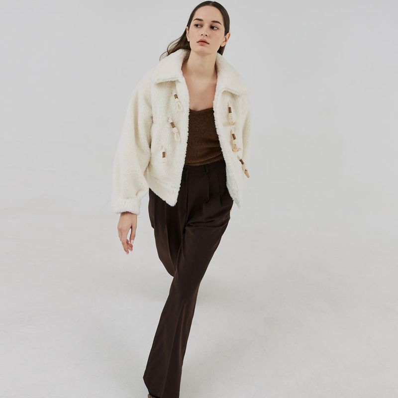 Two-Tuck Button Wide Wool Pants (Brown)