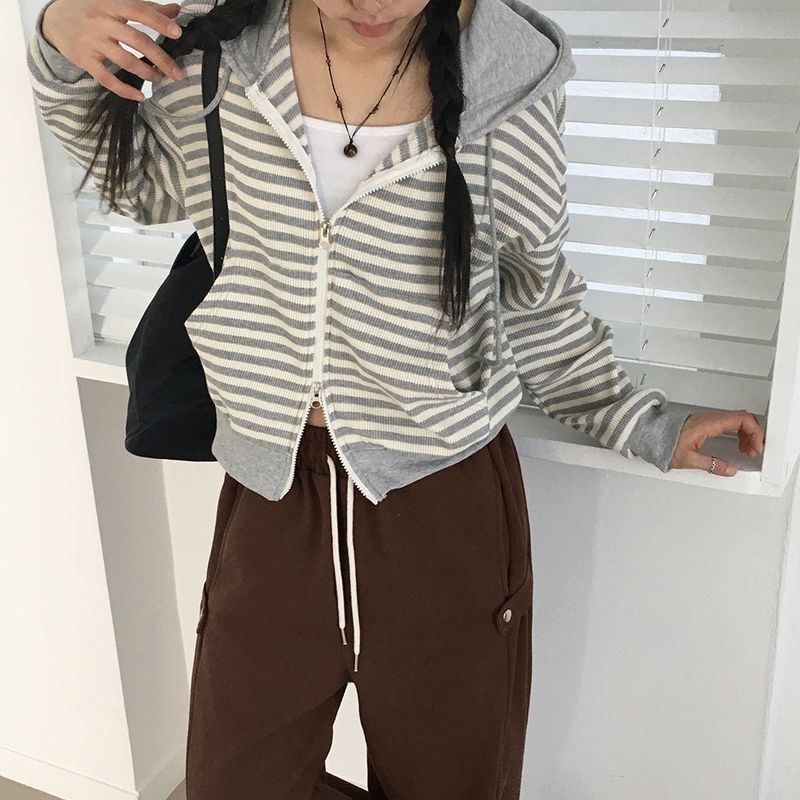 Ternet color striped two-way waffle hood zip-up