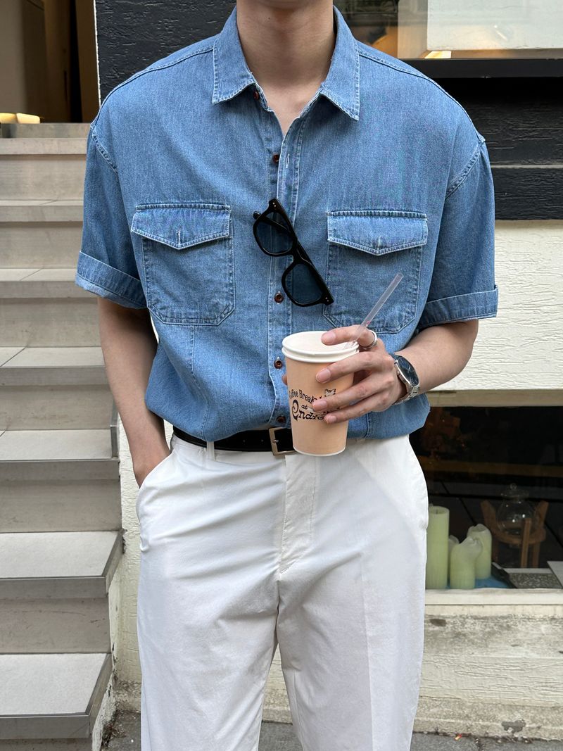 LMN Semi-Over Button Half Denim Shirt (2 colors)