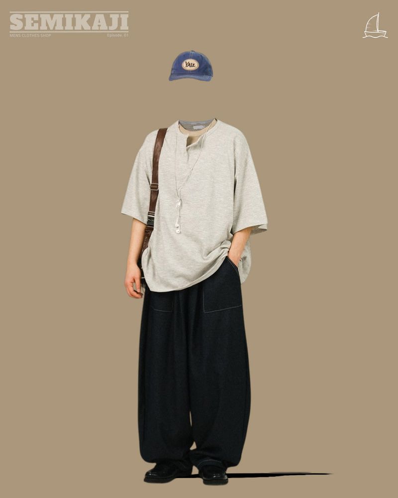 [SEMADE] Short Slub Henley Neck Over Sleeve 슬럽 헨리넥 티셔츠 (반팔)