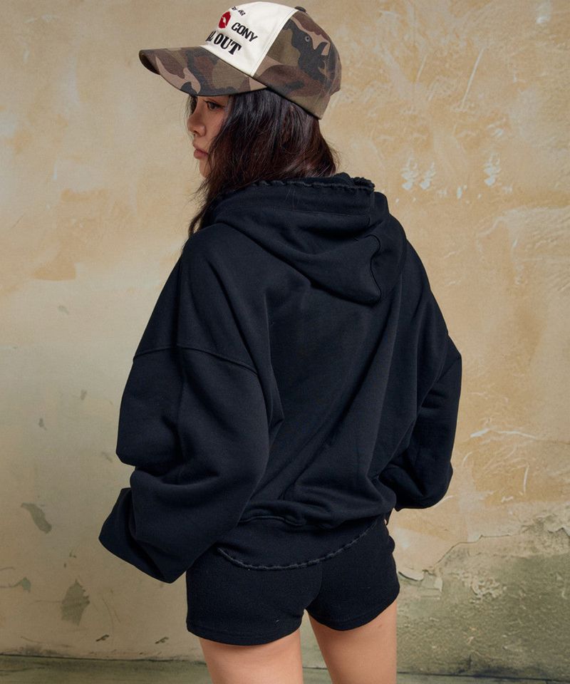 WASHED RUFFLE HOODIE ZIP-UP / BLACK
