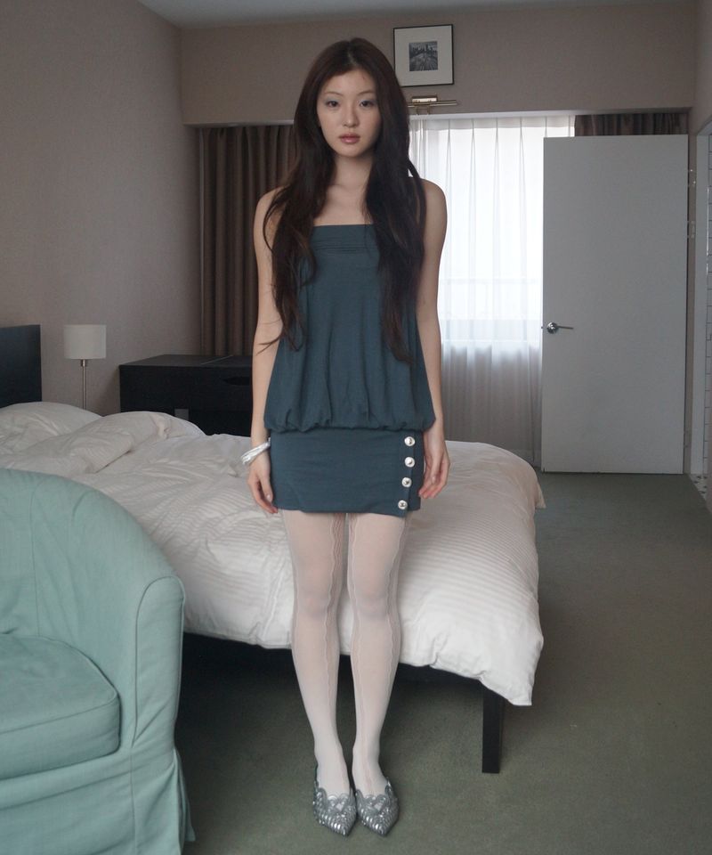 Shirred Button Dress_Petrol Blue