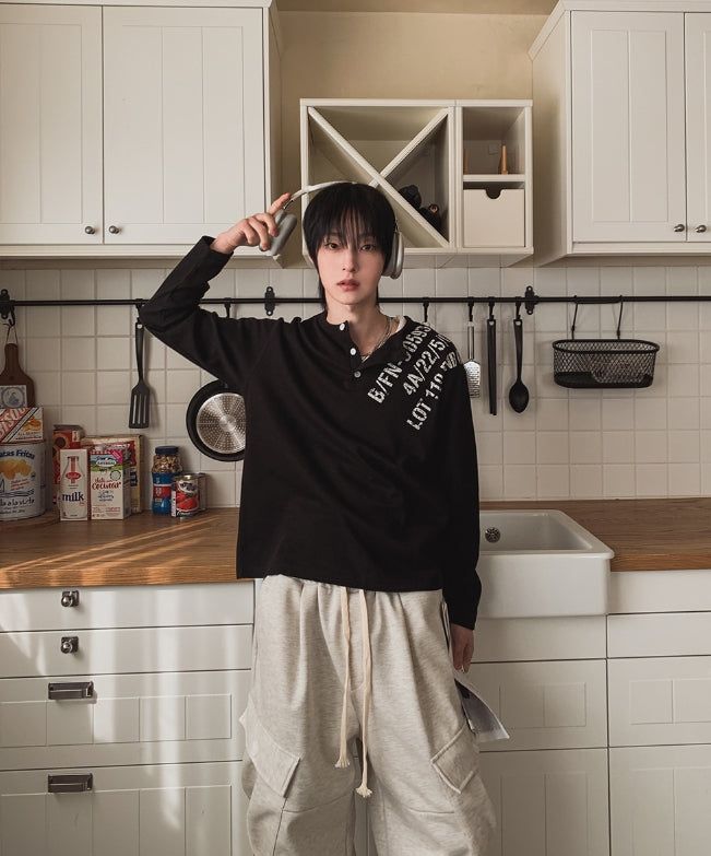 Devel Waffle Henley Neck Long Sleeve T-shirt