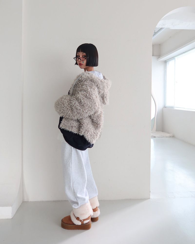 Rabbit ear hood zip-up soft fur jacket