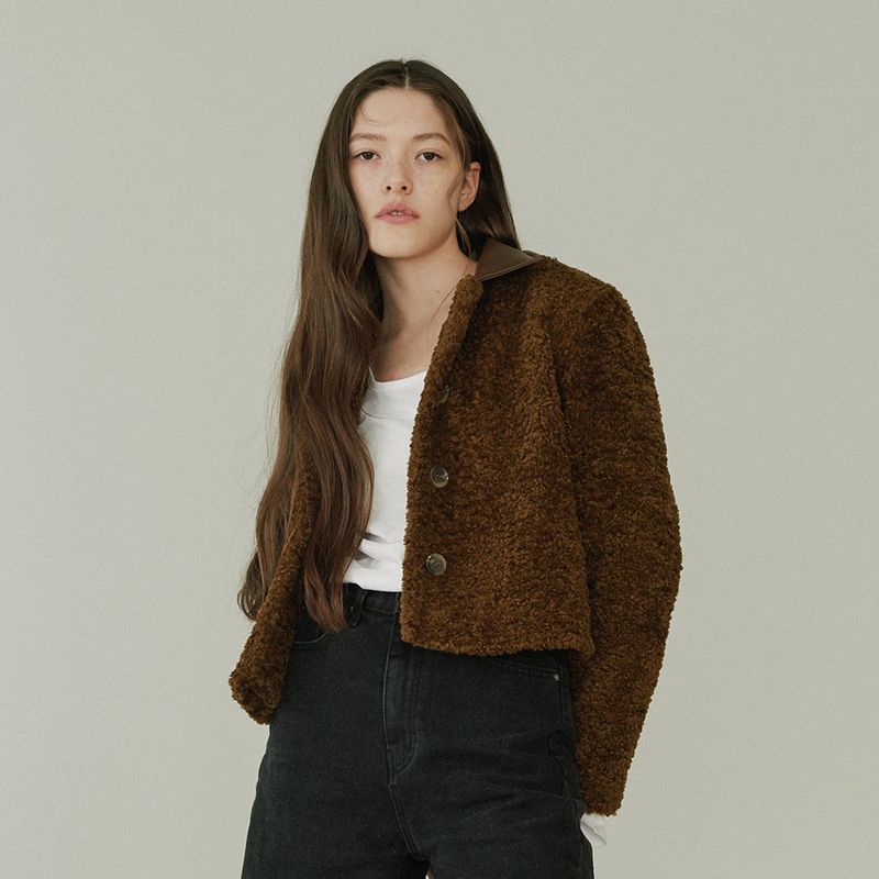 LEATHER COLLARED FLEECE JACKET (BROWN)