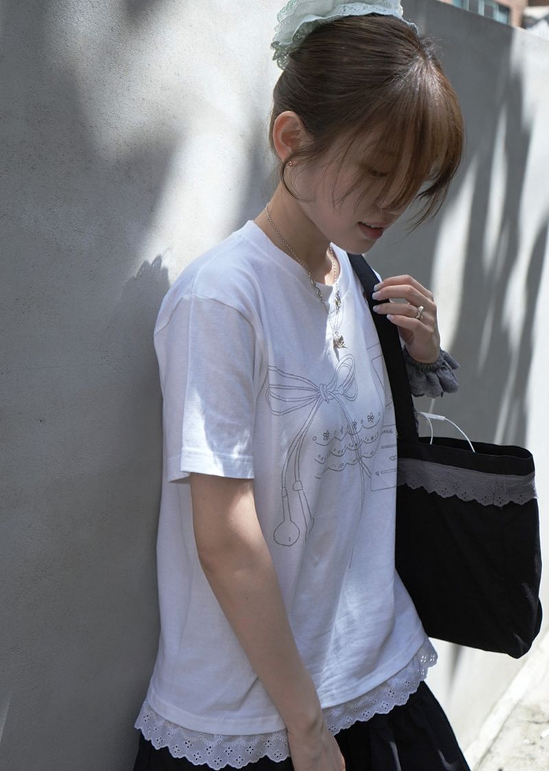 Bow sound Lace T-shirts (white)