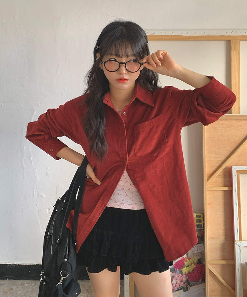 Corduroy Collar Shirt Shirt Blouse Basic Item Cotton