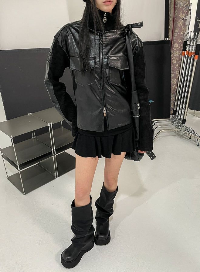 [LANARCH] Amber Leather Pocket Neck Zip-Up