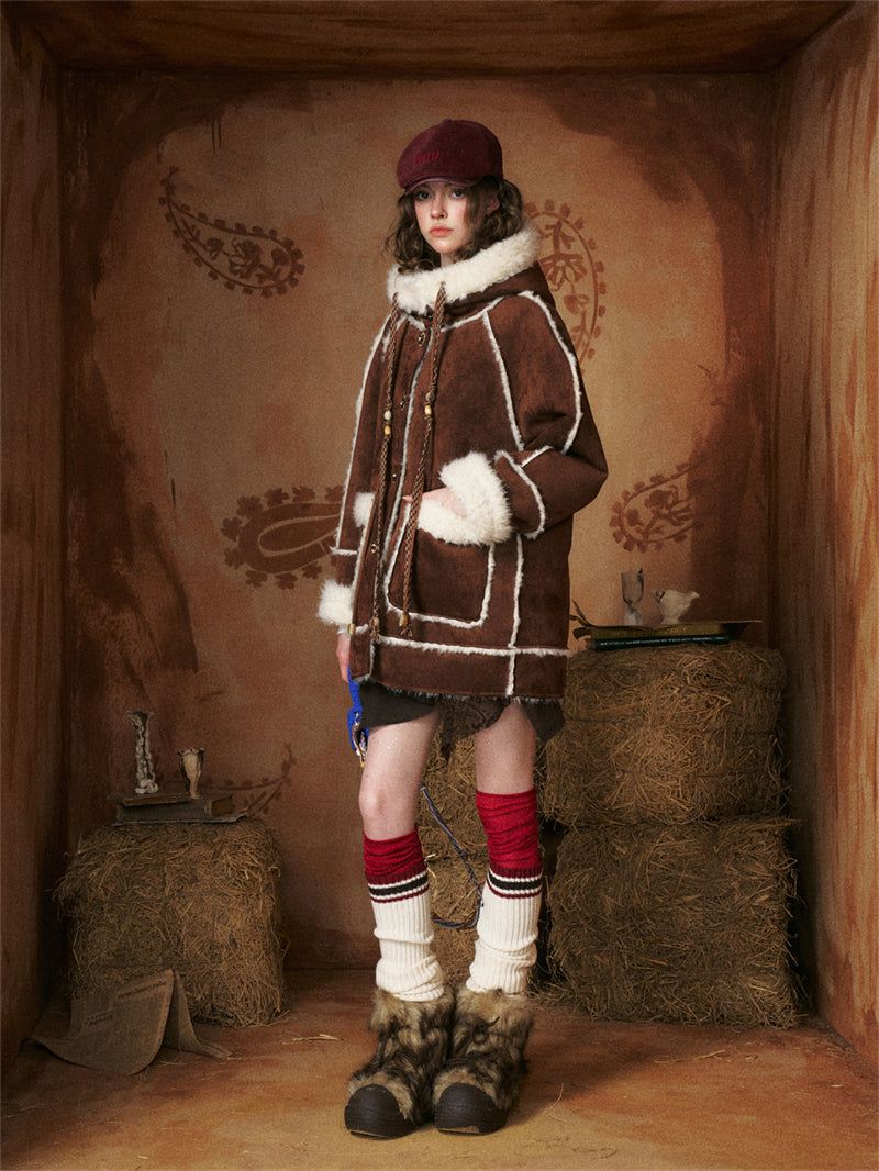 Flower Button Duffle Shearling Coat