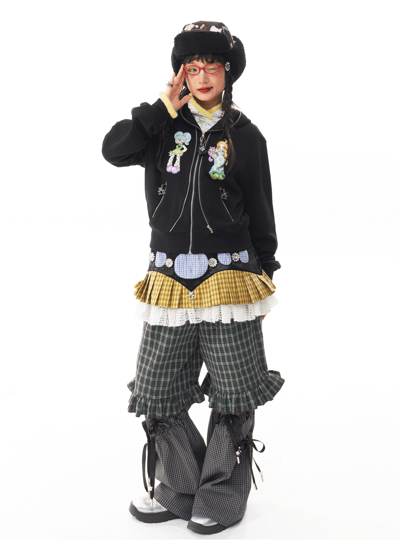 sillysis 黒のかわいい女の子イラスト、両頭金属ジッパー構造感スウェットパーカー